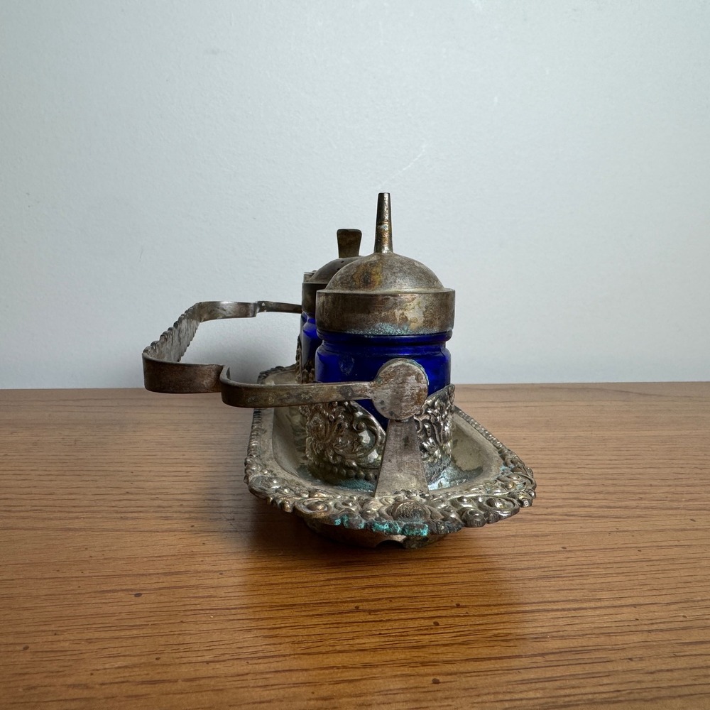 Victorian Era Antique Silver Plated Cobalt Blue Condiment Serving Caddy - Picture 16 of 16